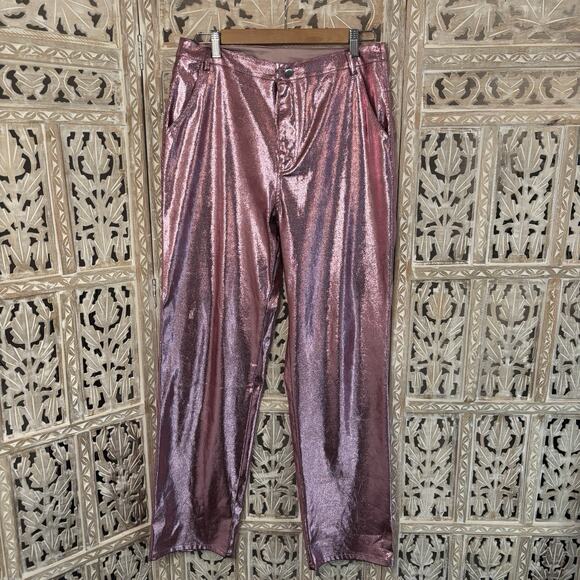 Sofie the Label Pink Metallic Retro Disco Party Night Out Flare Pants Wide Leg L - Picture 1 of 12
